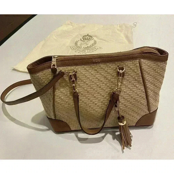 Ralph Lauren Women's Howley Halee Tote Purse Handbag Brown Wicker Tan Woven NEW - Picture 1 of 8